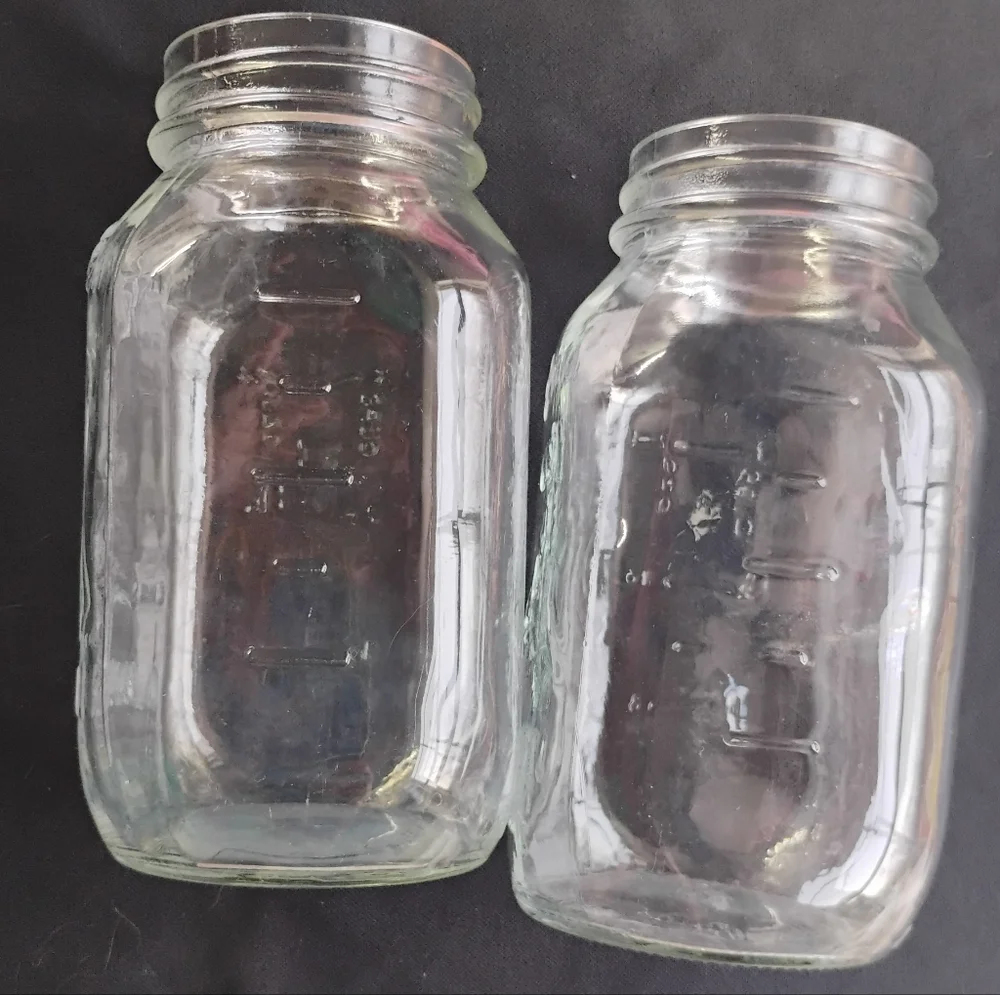 1975 Mom's Mason Jars 2 Clear Glass Canning Quarts Embossed Measurements USA